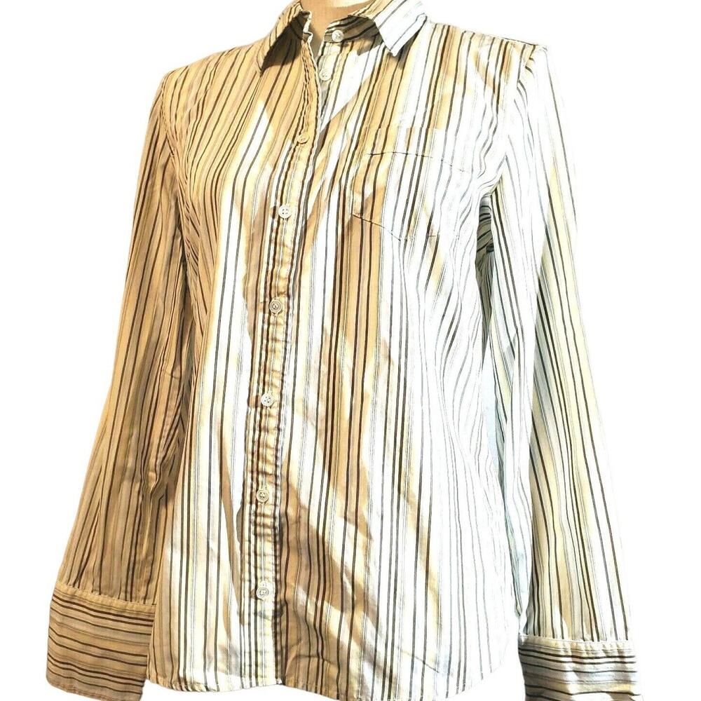 J. Crew Striped Button Up Top Size M Yellow Blue & Gray Retro Chic Long Cuffs